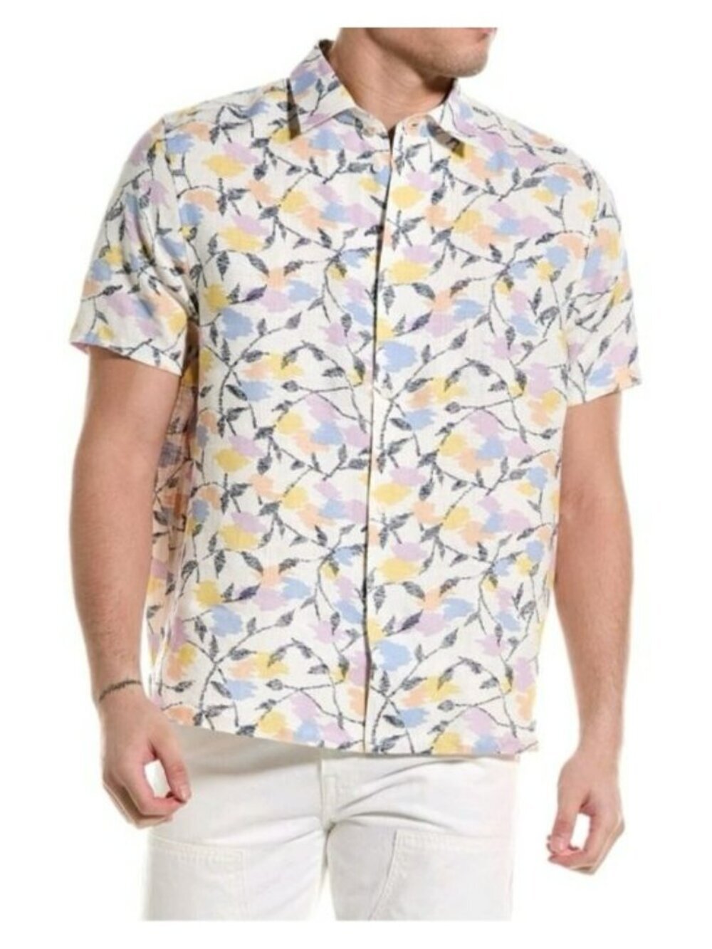 Ted Baker Mens Floral Button-Up Shirt Sz 5 Pastel Colors Short Sleeve 100% Linen